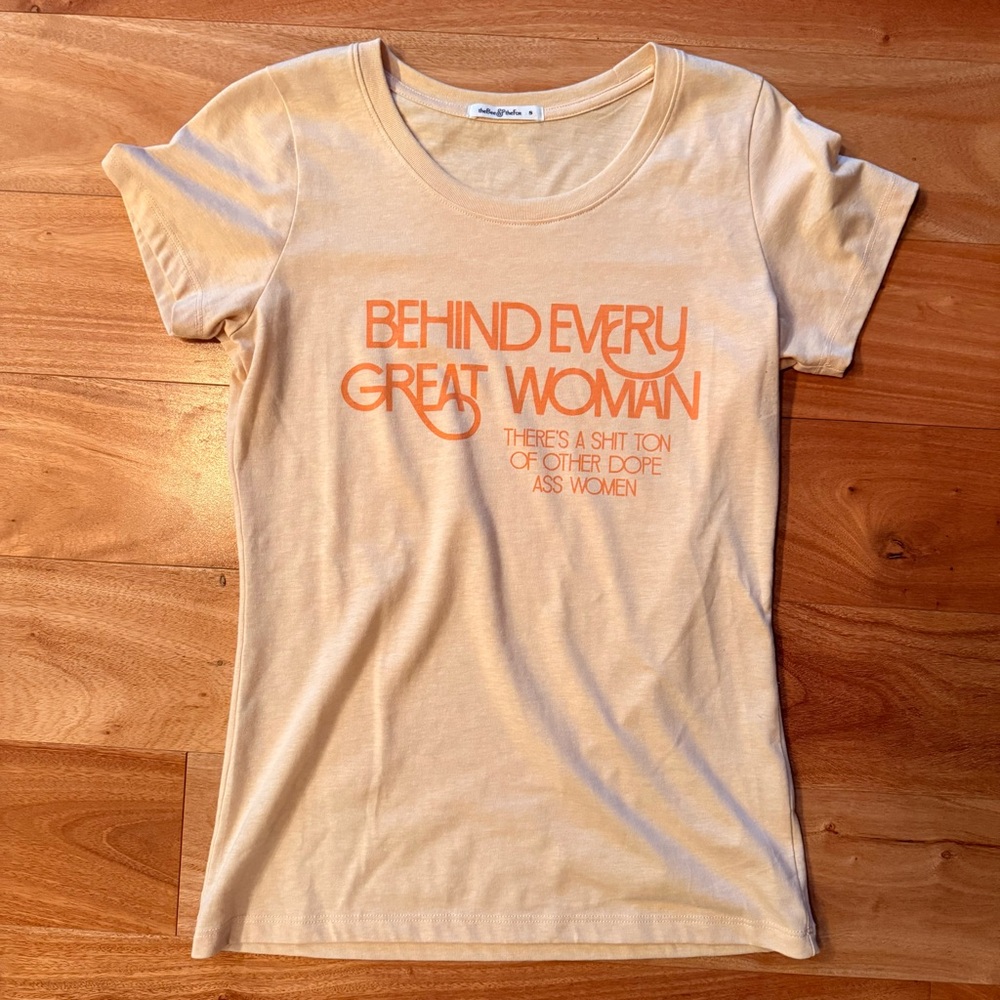Women's Short Sleeve Graphic Tee - Beige with Orange Text